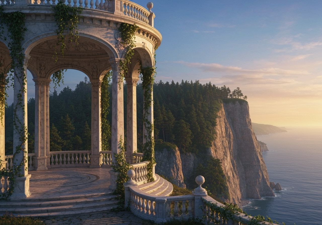 Ornate Marble Pavilion Overlooking Ocean at Golden Hour