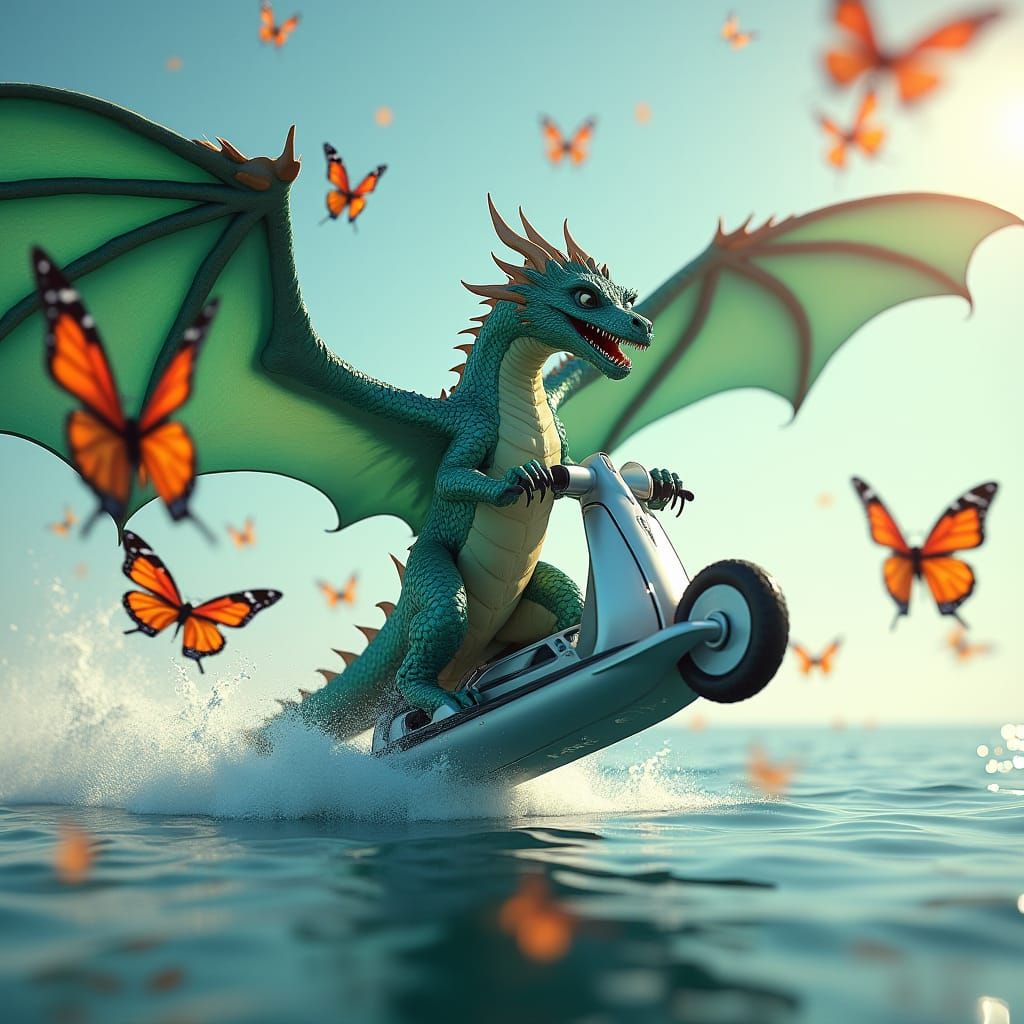 Dragon on Scooter Performs Loops Among Butterflies