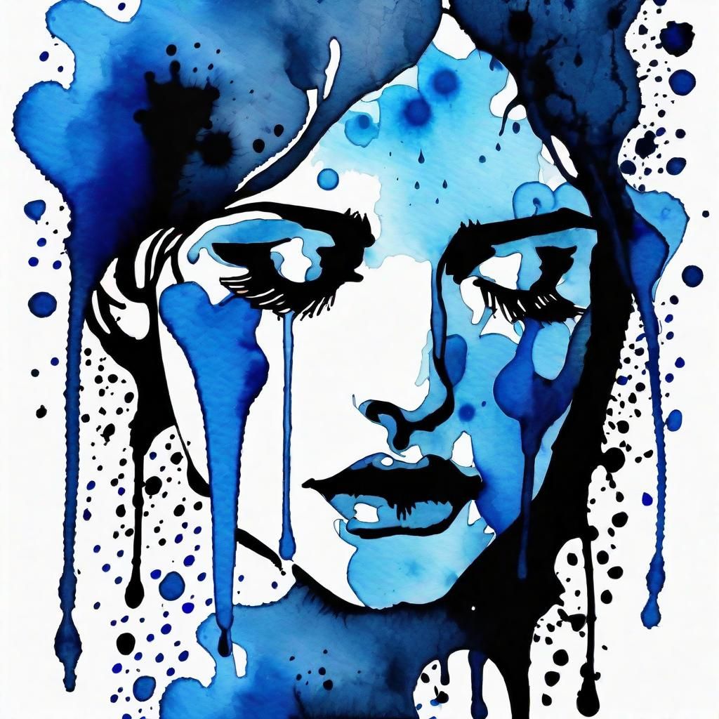 Sad Woman in Azure Ink Splatter Watercolor