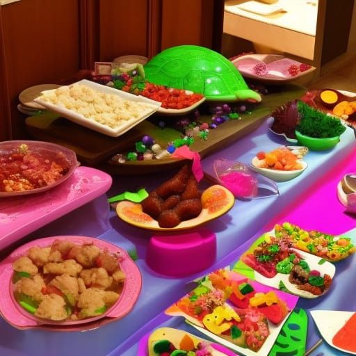 Colorful Kawaii Buffet Table with Turtle Shell