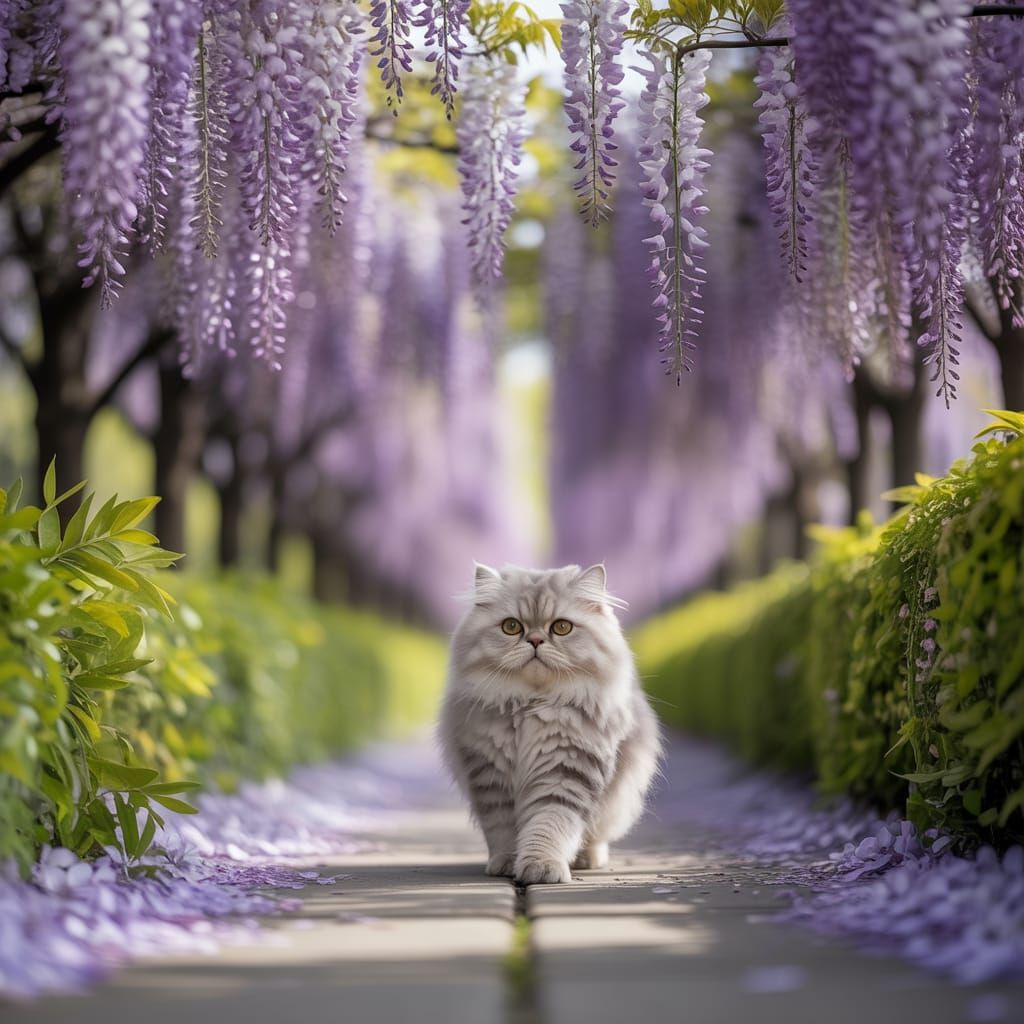 Persian Cat Under Wisteria Canopy: Digital Matte Painting