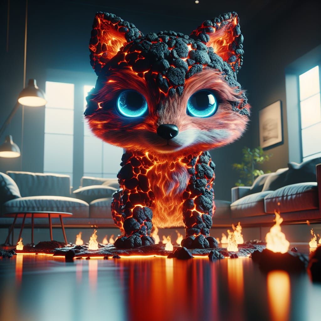Lava Fox Cub in Living Room: Photorealistic CGI