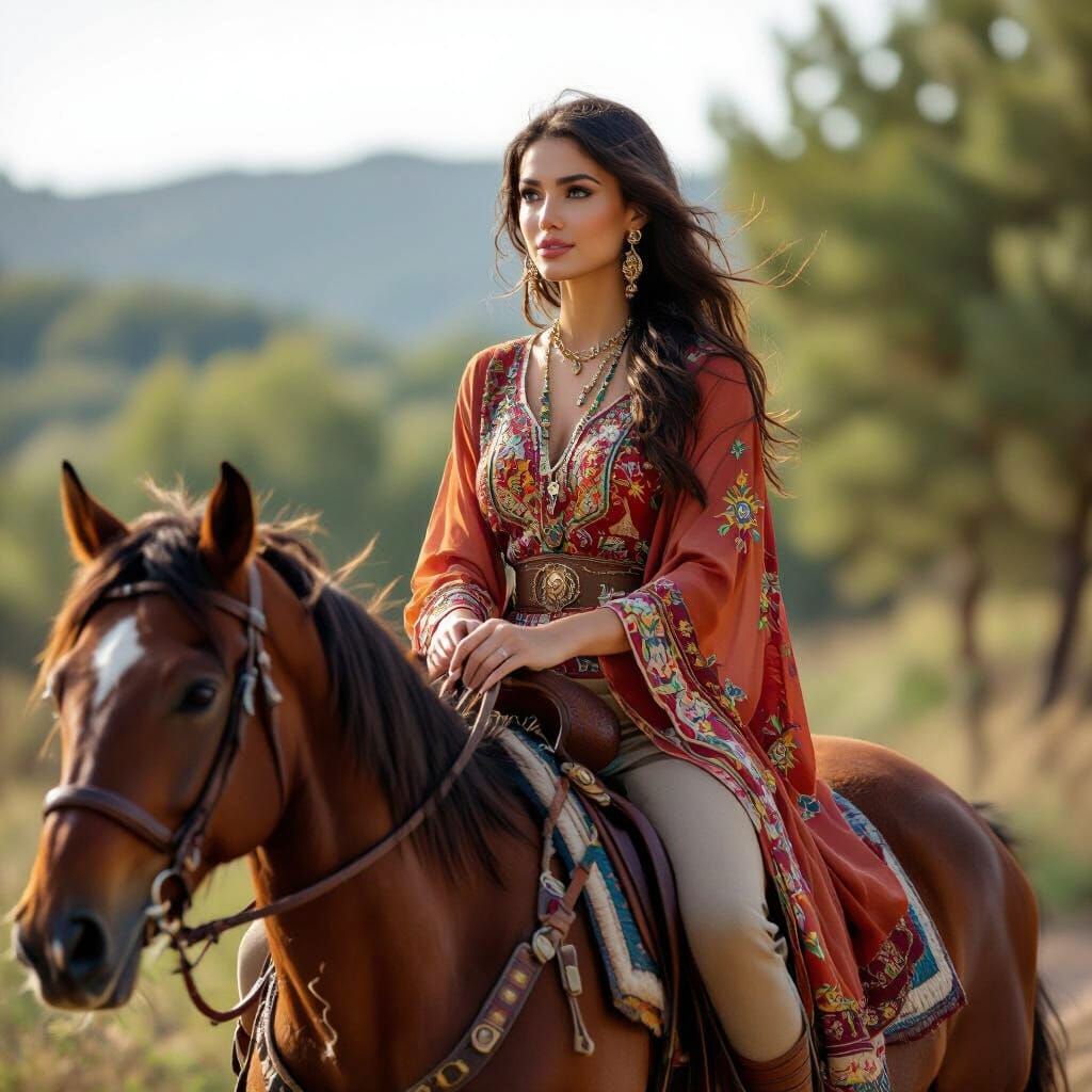 Elegant Woman Riding Horse in Flowing Gown