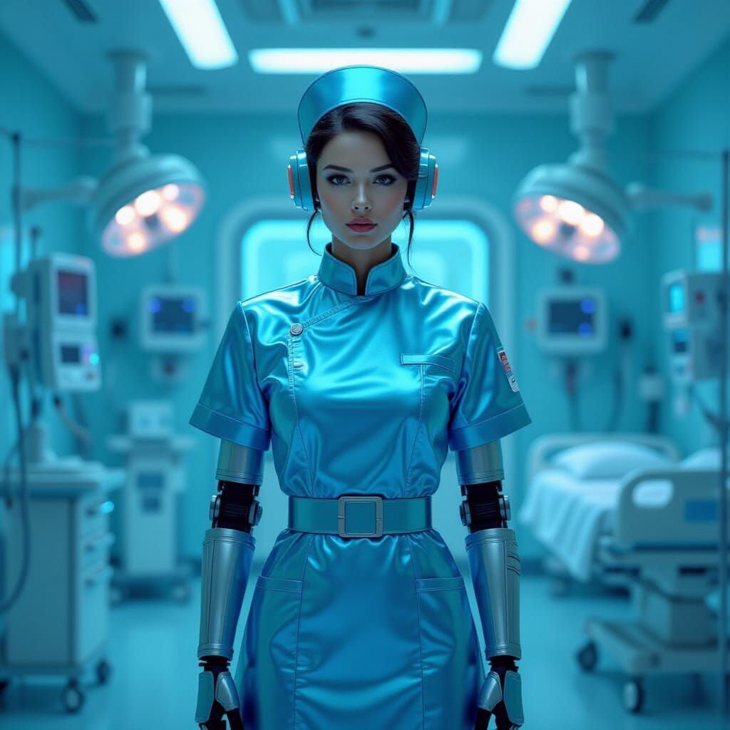 Retro-Futuristic Robot Nurse in Cyberpunk Style