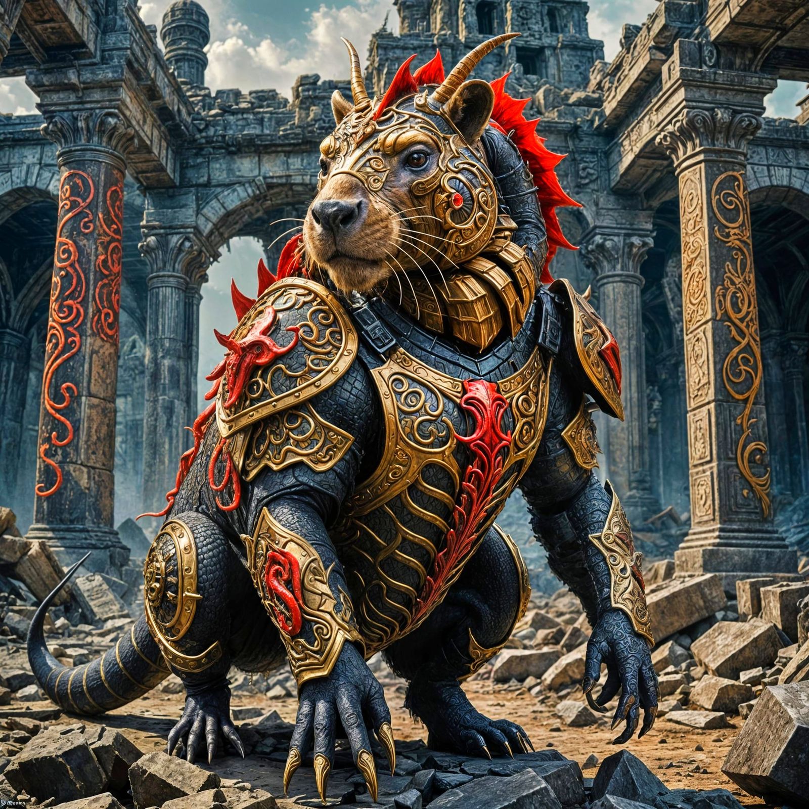 Demonic Capybara in Armor Double Exposure