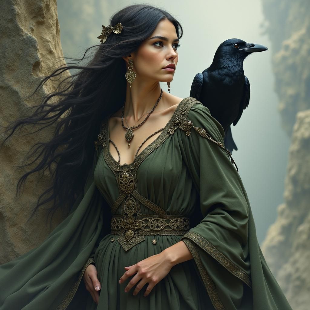 Celtic goddess The Morrigan with a raven sitting on her shoulder
