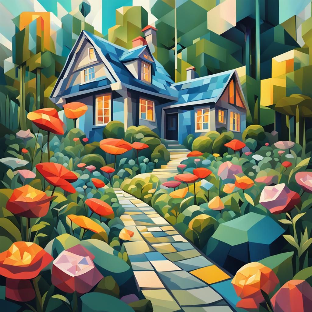 Quaint House in Cubist Garden with Cobblestone Path