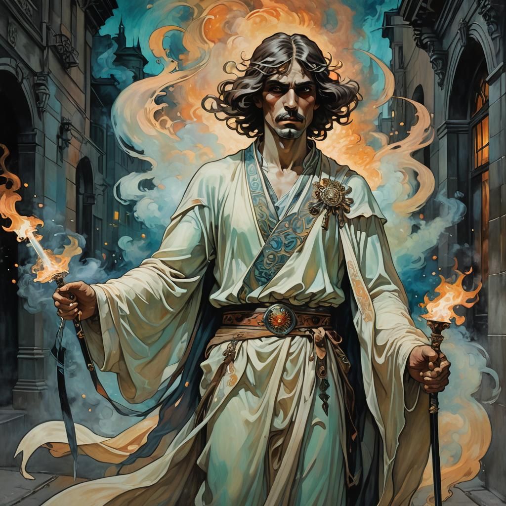 Ghostly Figure with Gleaming Sword, Art Nouveau Style