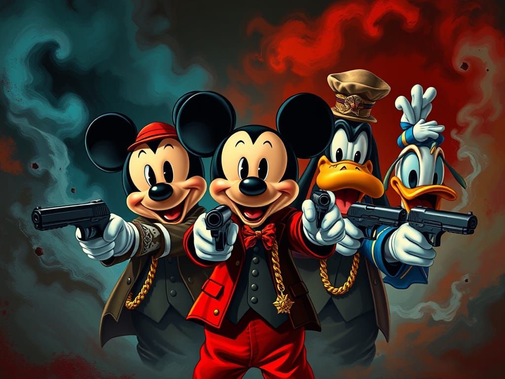 Mickey, Donald, and Goofy as Mafia in Bold Digital Art
