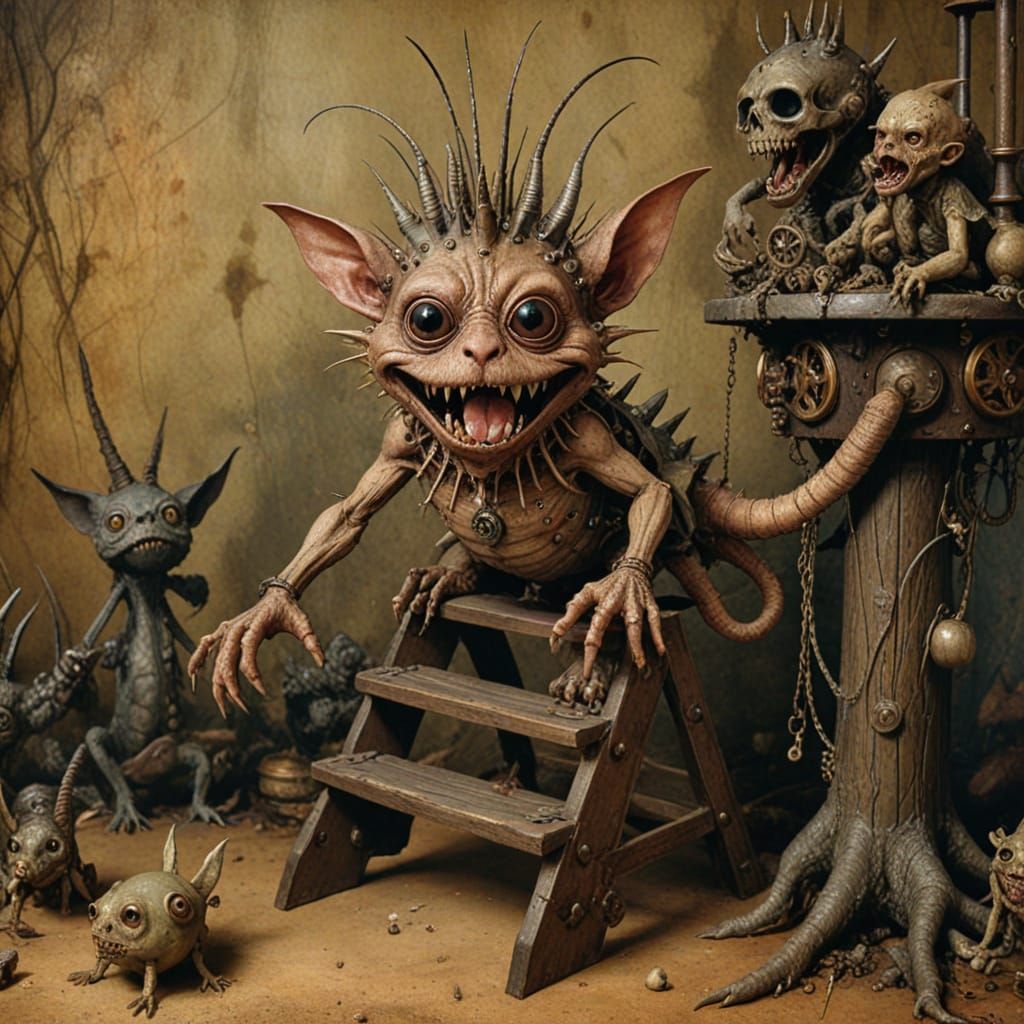 Steampunk Chibi Monster Unaware of Ladder Superstitions