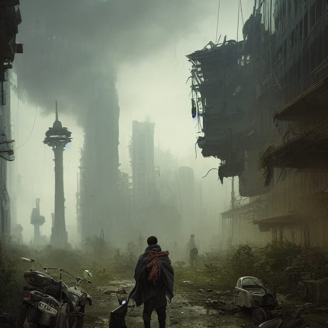 Apocalyptic Scavenger in Ruined City Concept Art