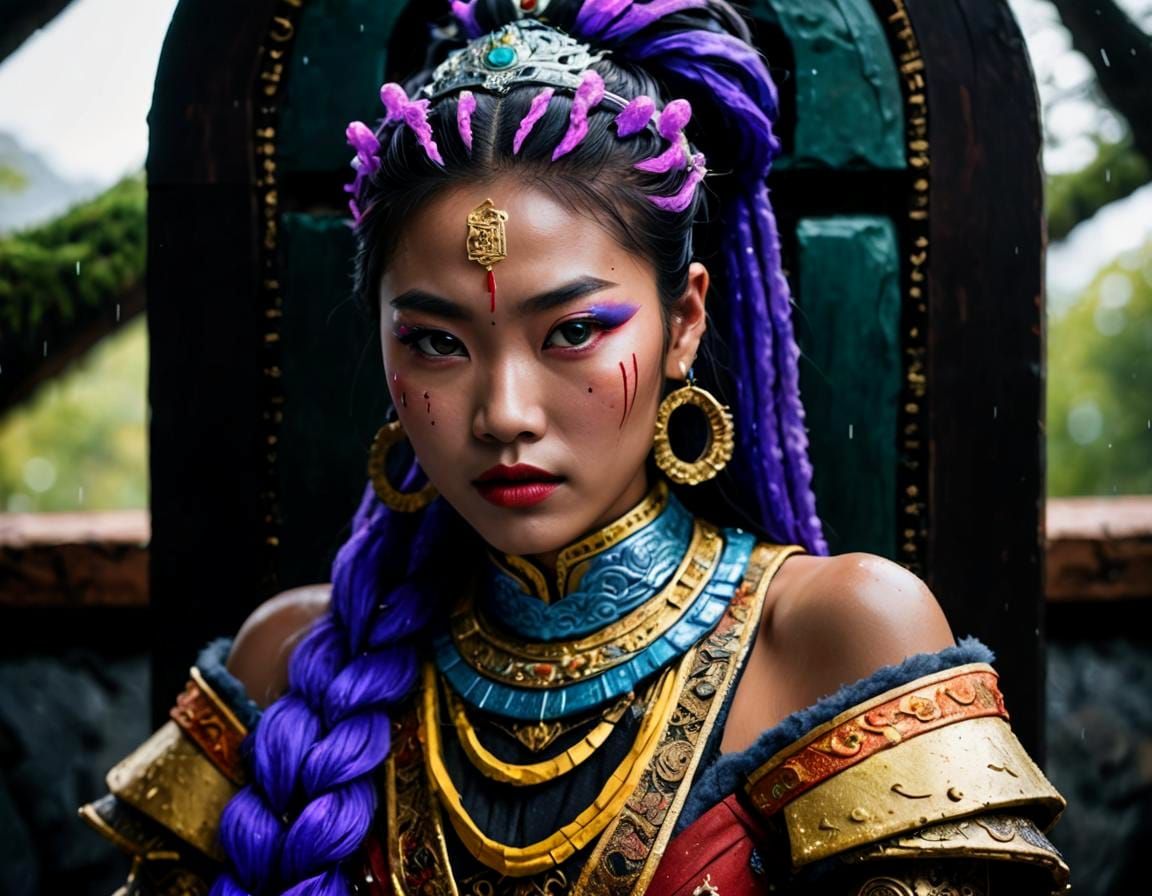 Hyperrealistic Asian Warrior Princess on Snowy Mountain Edge