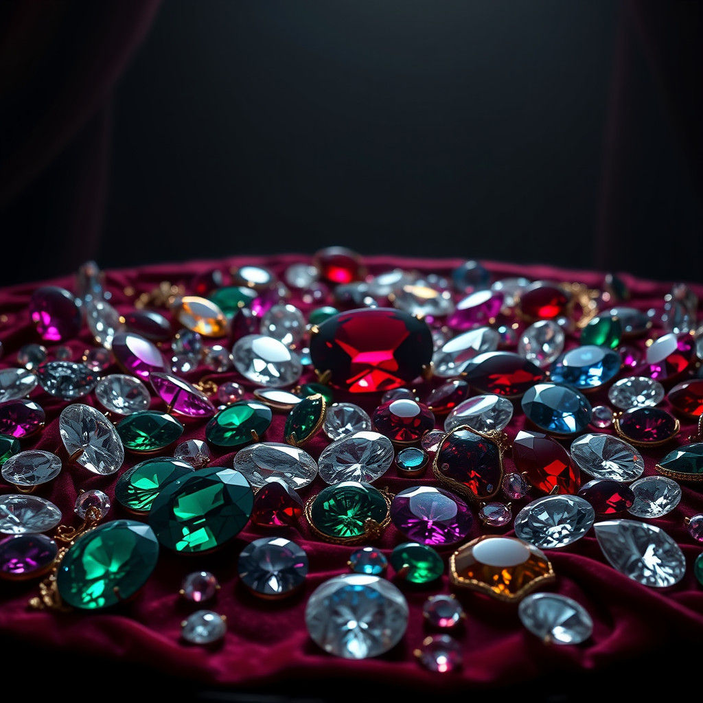 Opulent Gems on Velvet Table in Hyperrealistic Style