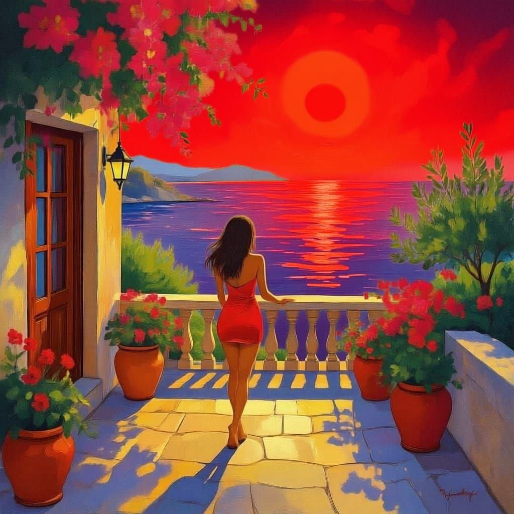 Mediterranean Terrace with Woman in Neon Colors