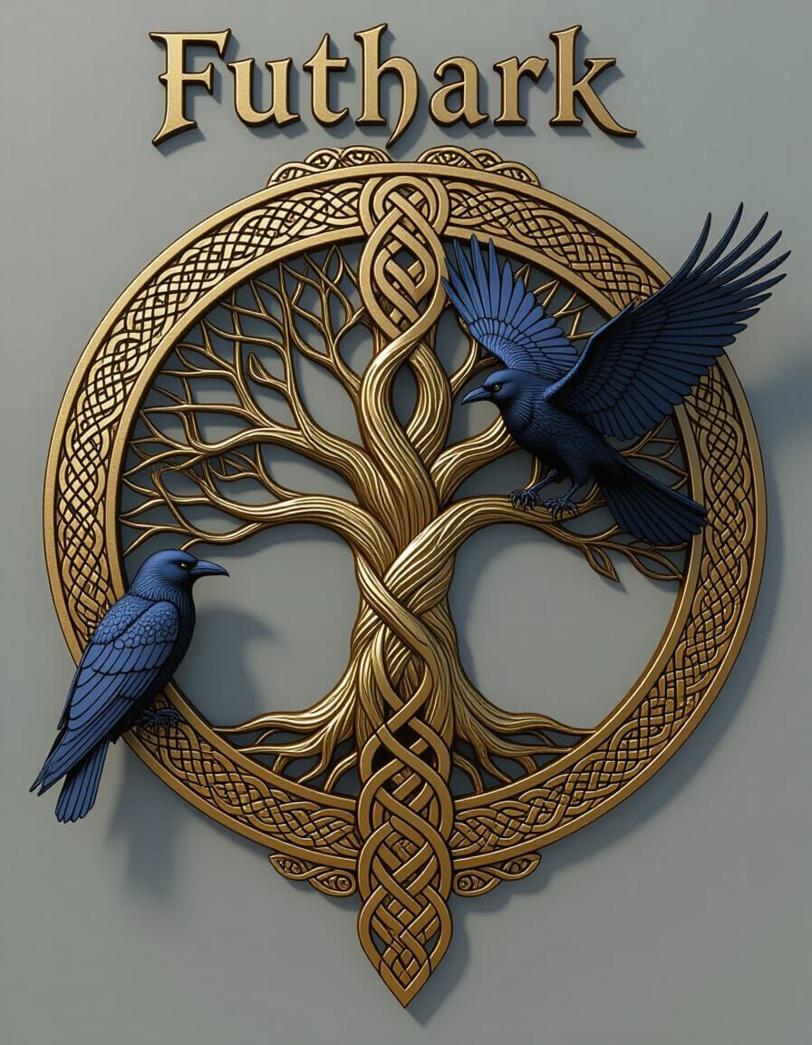Yggdrasill Runic Wheel with Ravens in Art Nouveau Style