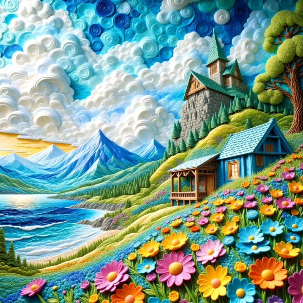 Gingham Print Paradise: A Dreamy Blue and White Beach Scene