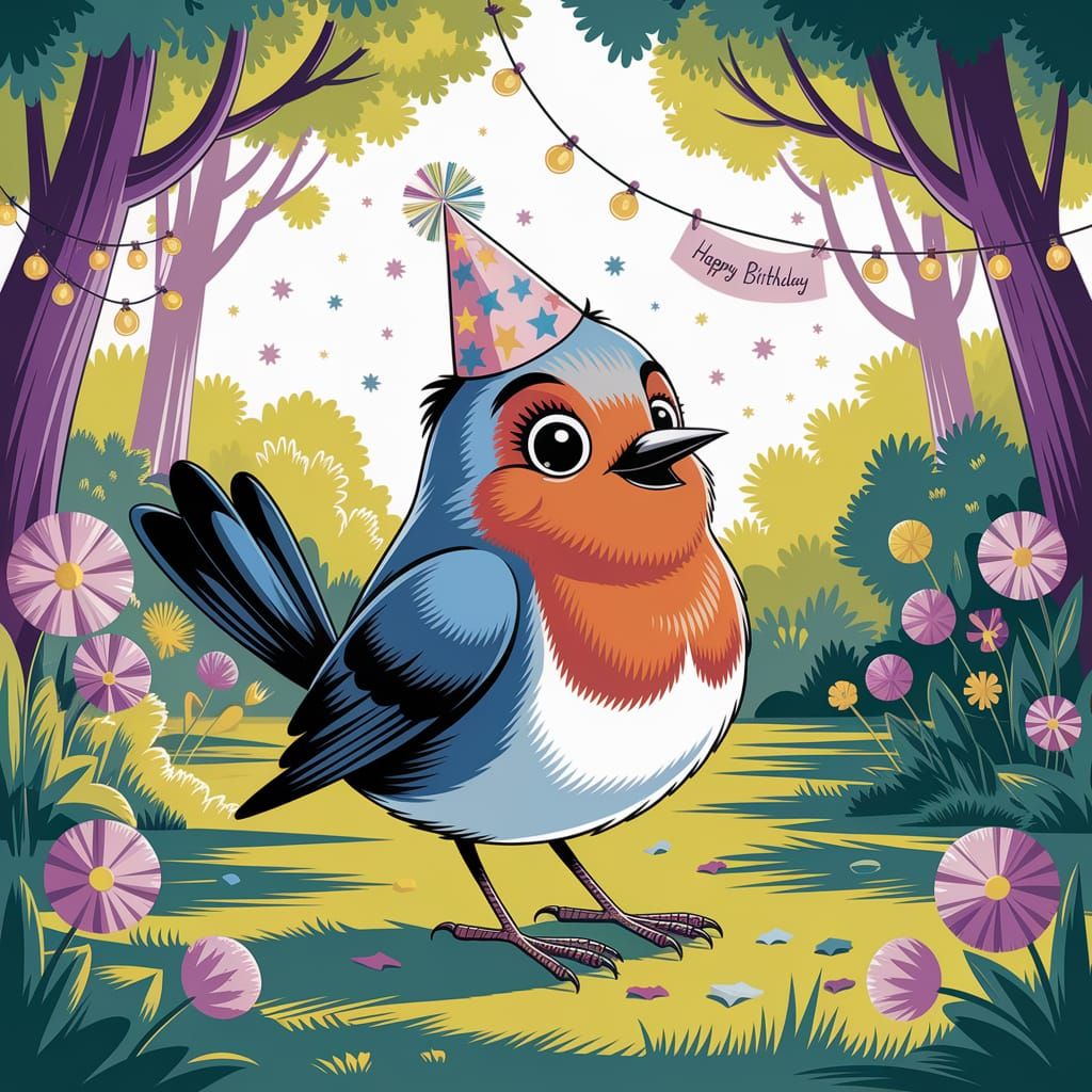 Robin Celebrates Birthday in Illustrated Forest