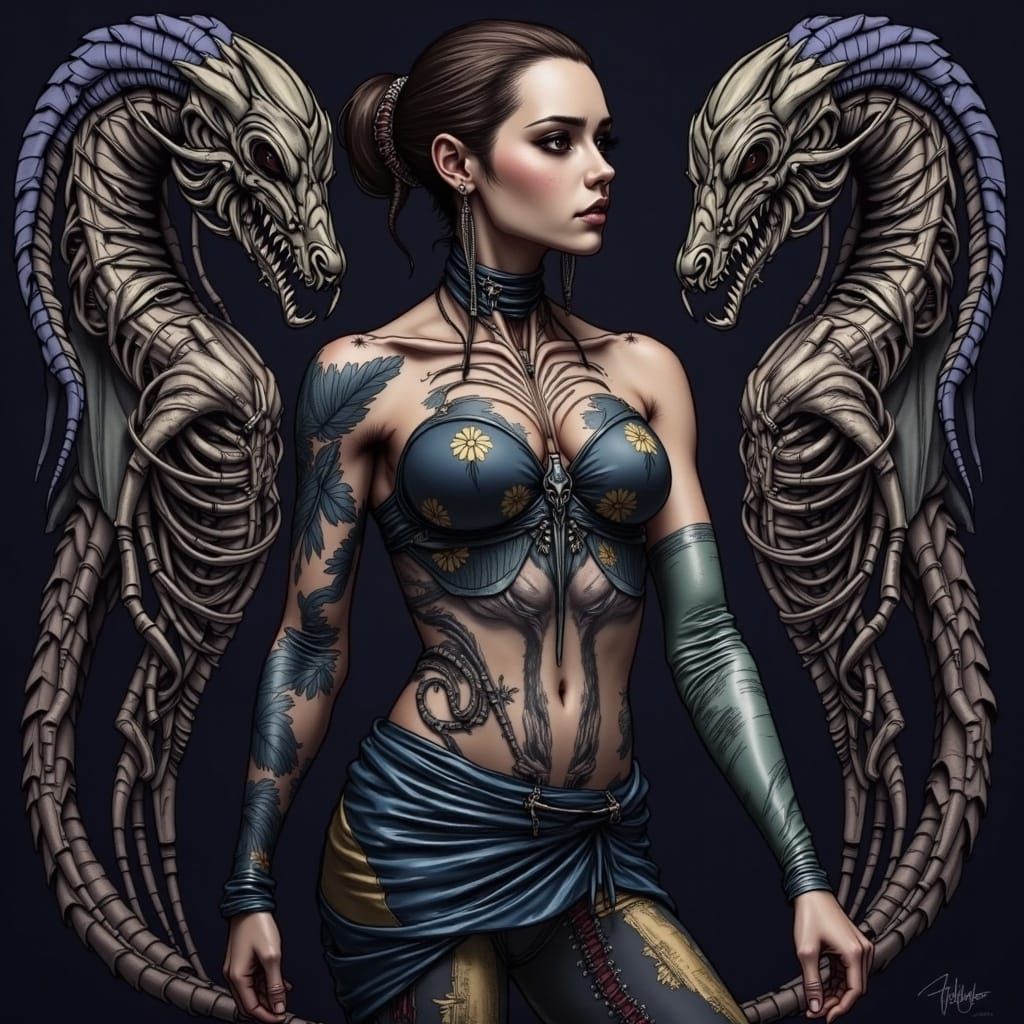 Cyborg Woman with Pegasus Tattoos in H.R. Giger Style