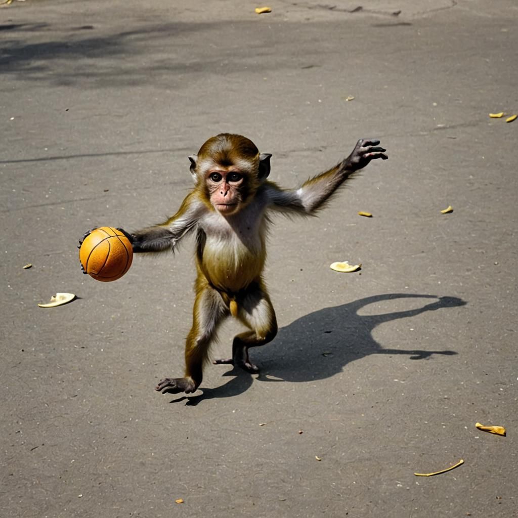 Monkey Plays Basketball and Eats Banana