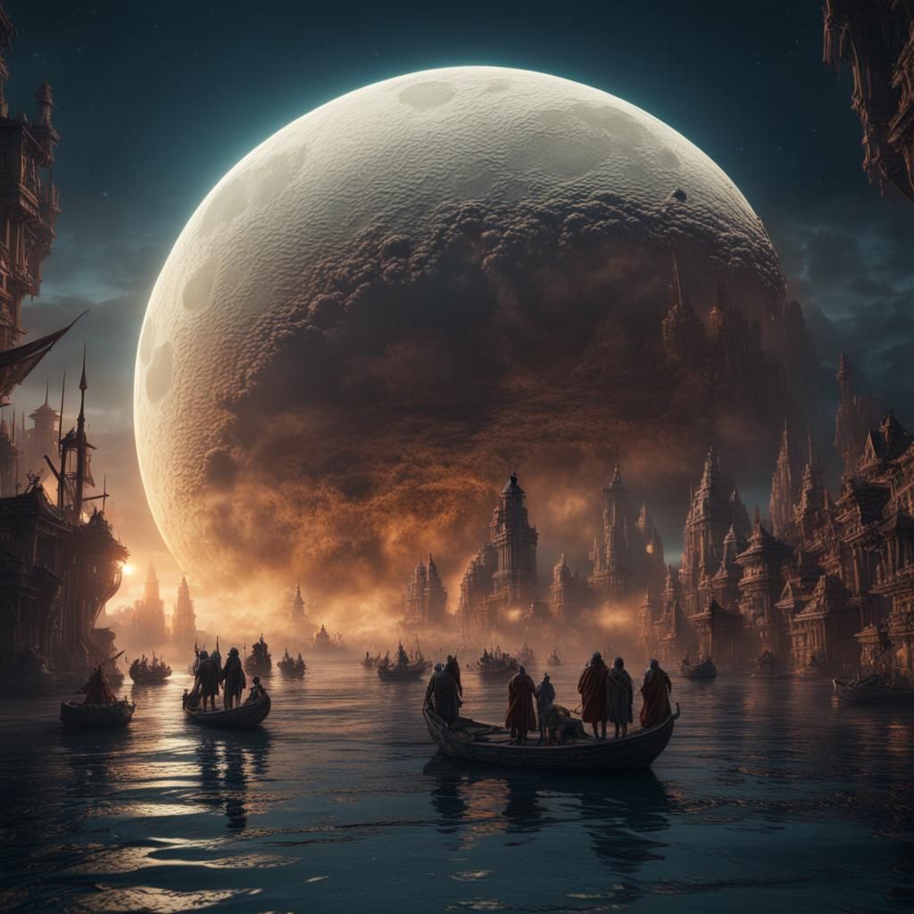 Giant Moon with Floating People, Detailed Matte Painting