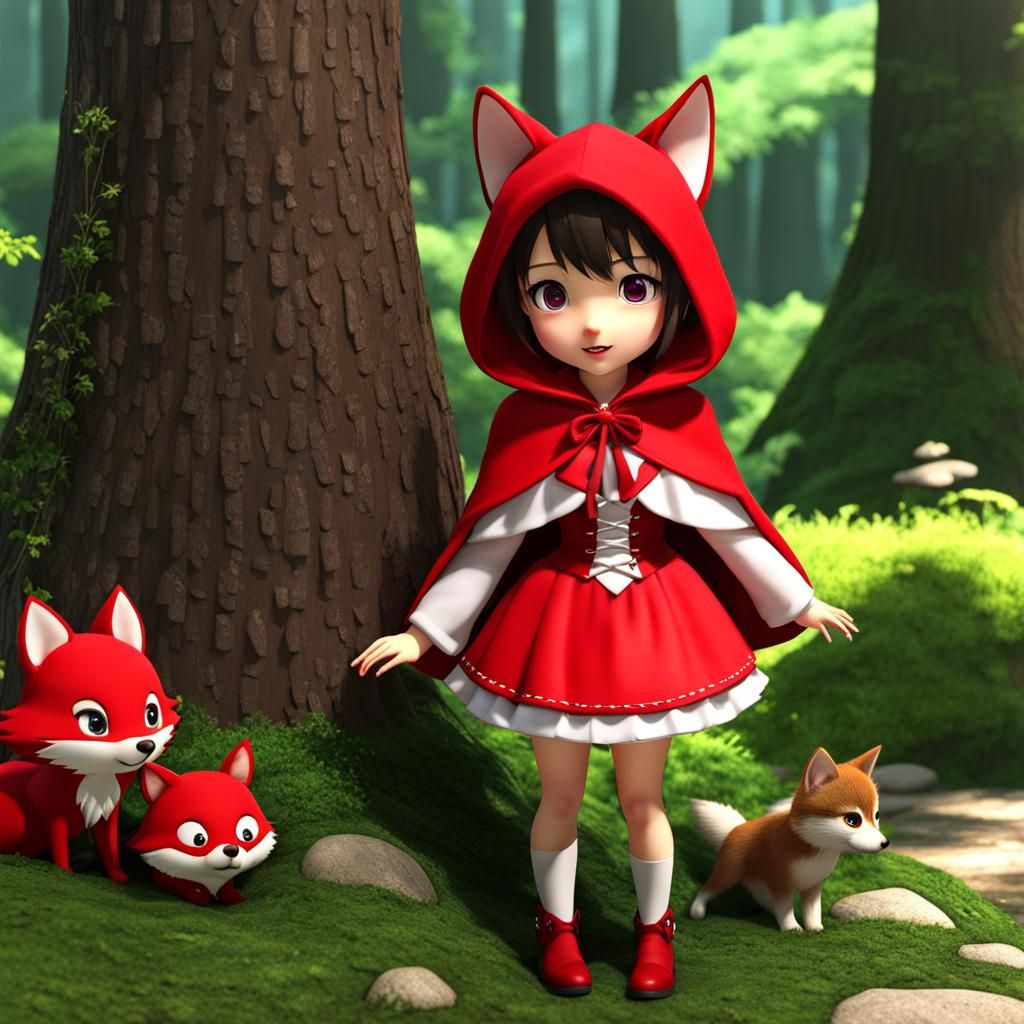 Kawaii Red Riding Hood in 3D Cartoon Anime Style