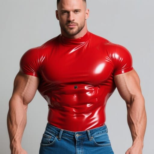 Buff man with a red latex shirt that hugs his muscles. He wears blue jeans with it.