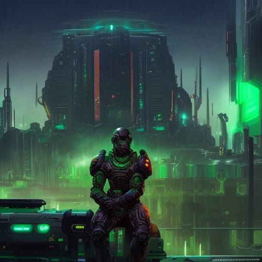 Doom Slayer in a Future City at Night