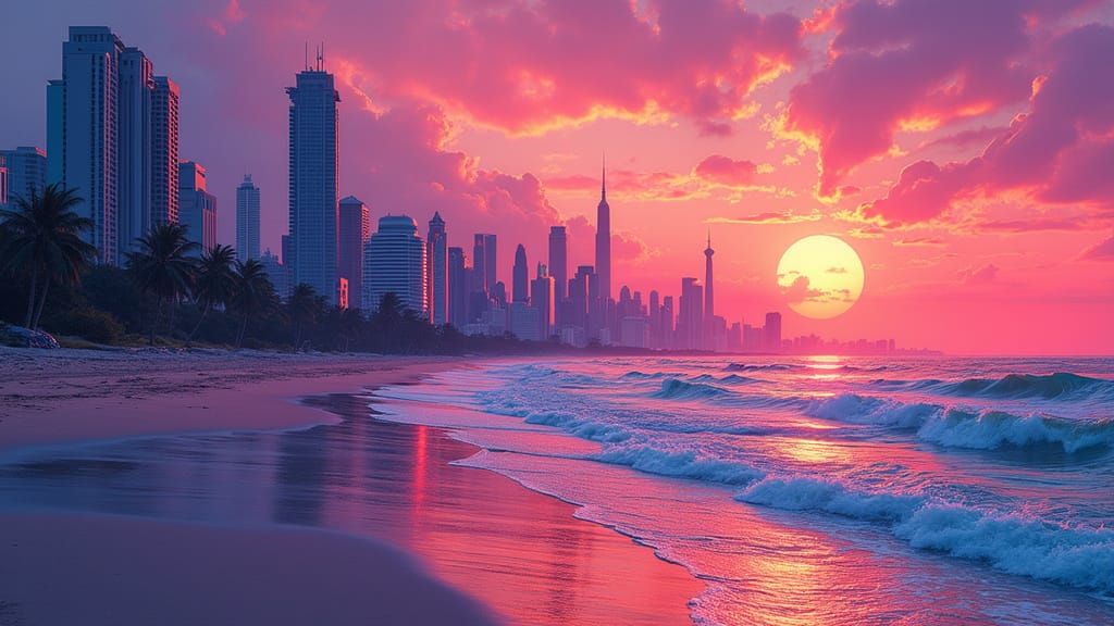Surreal Beachside Cityscape in Vibrant Synthwave Style