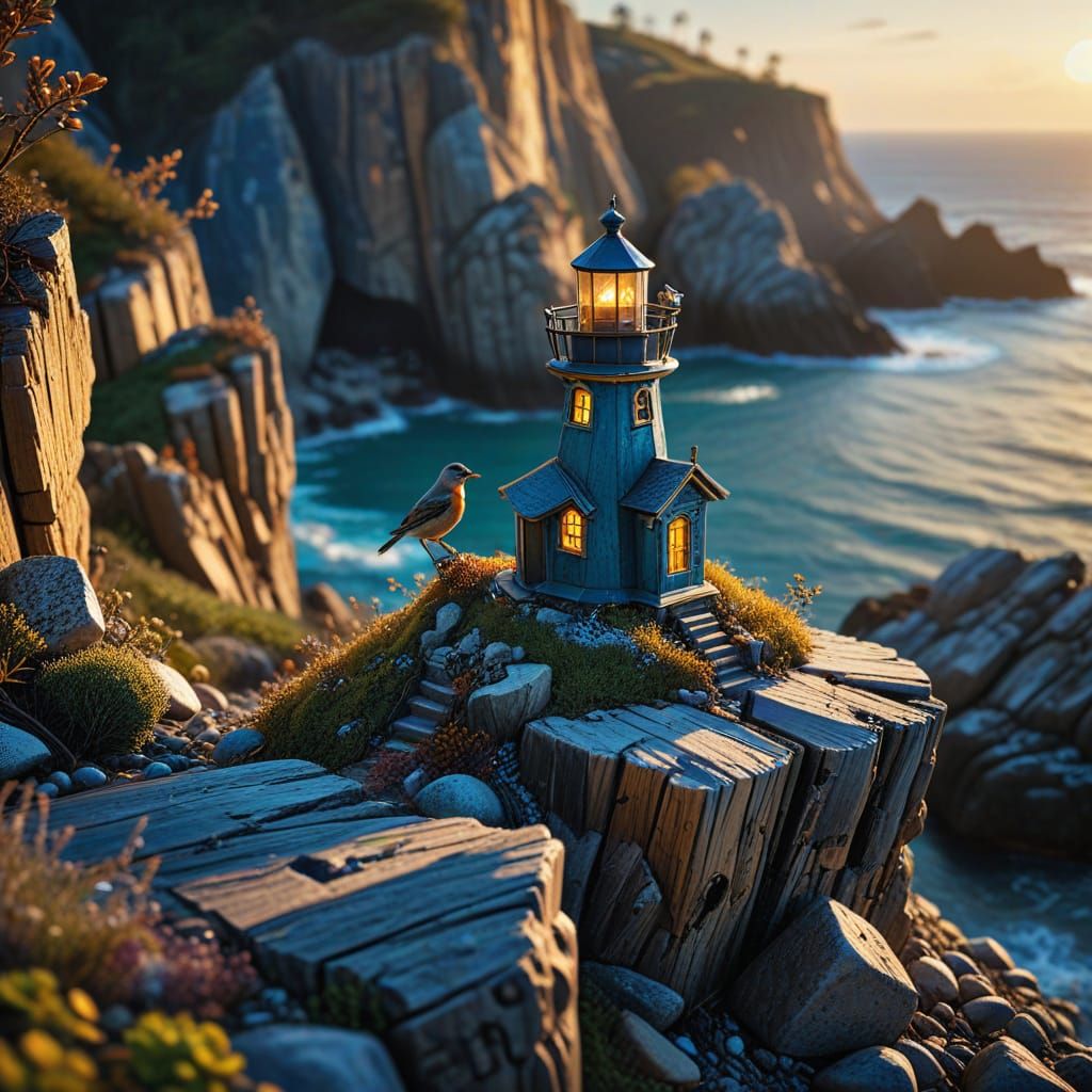 Cozy Lighthouse Birdhouse in Dark Fantasy Style