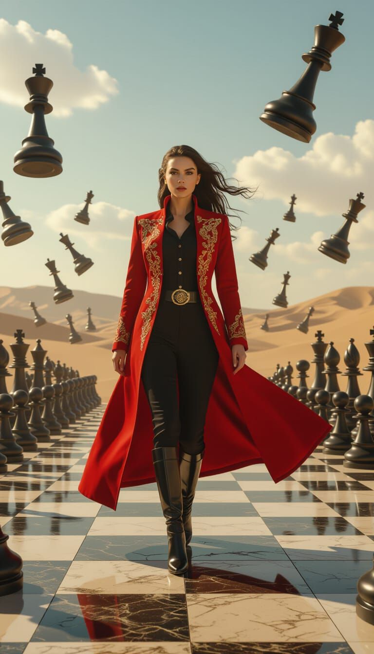 Woman on Cracked Chessboard in Desert Battlefield