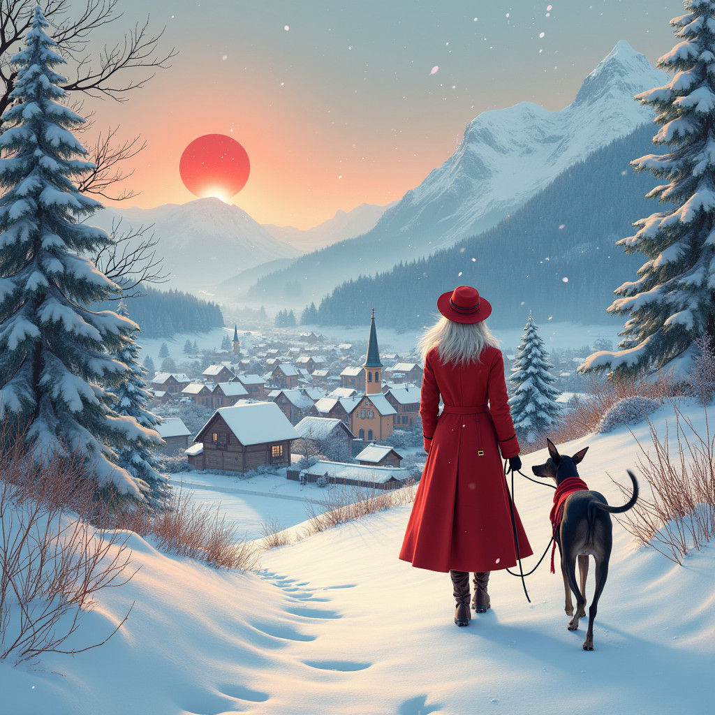 Winter Village Scene with Lady and Greyhound
