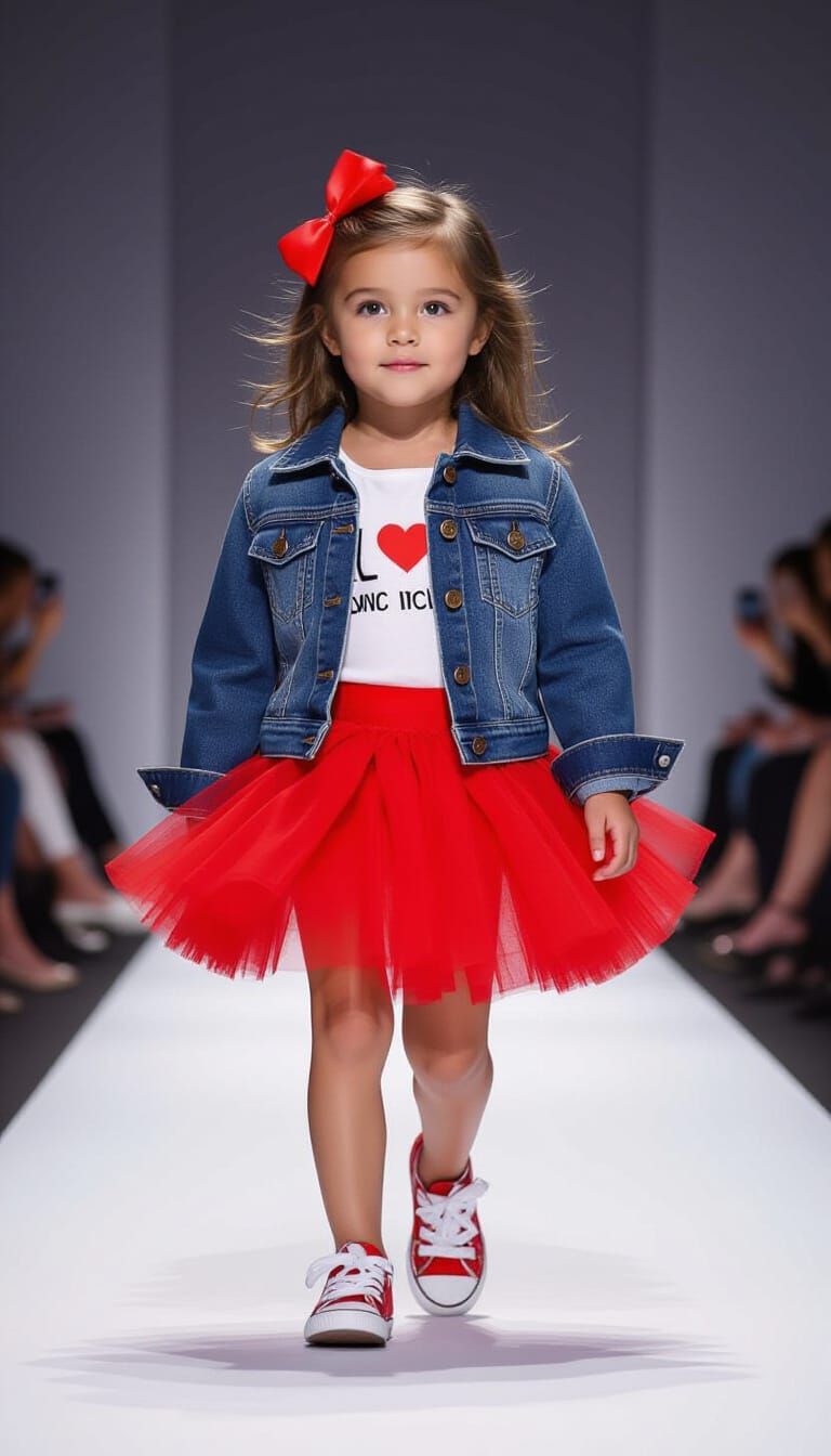 Toddler Girl Struts Fashion Week Runway in Denim Jacket & Tu...