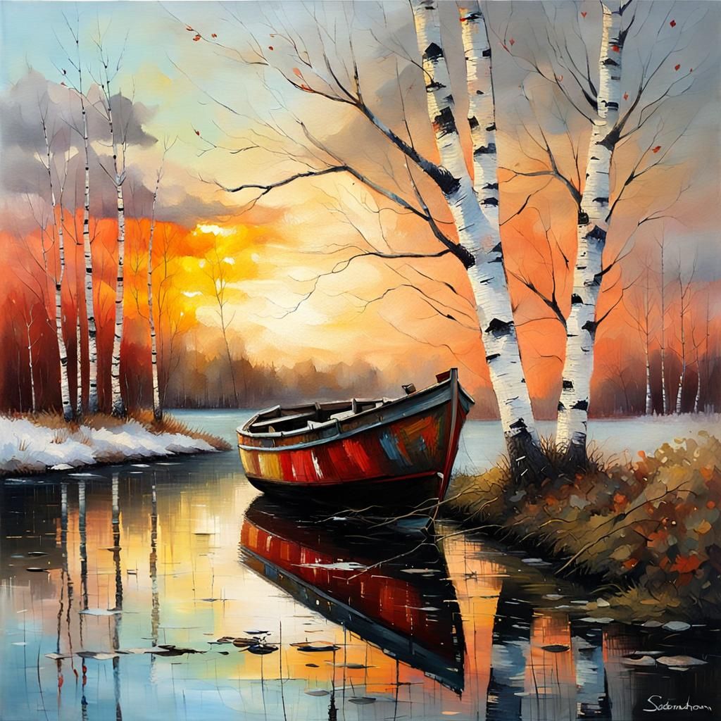 Birch Tree by Still Water at Sunset