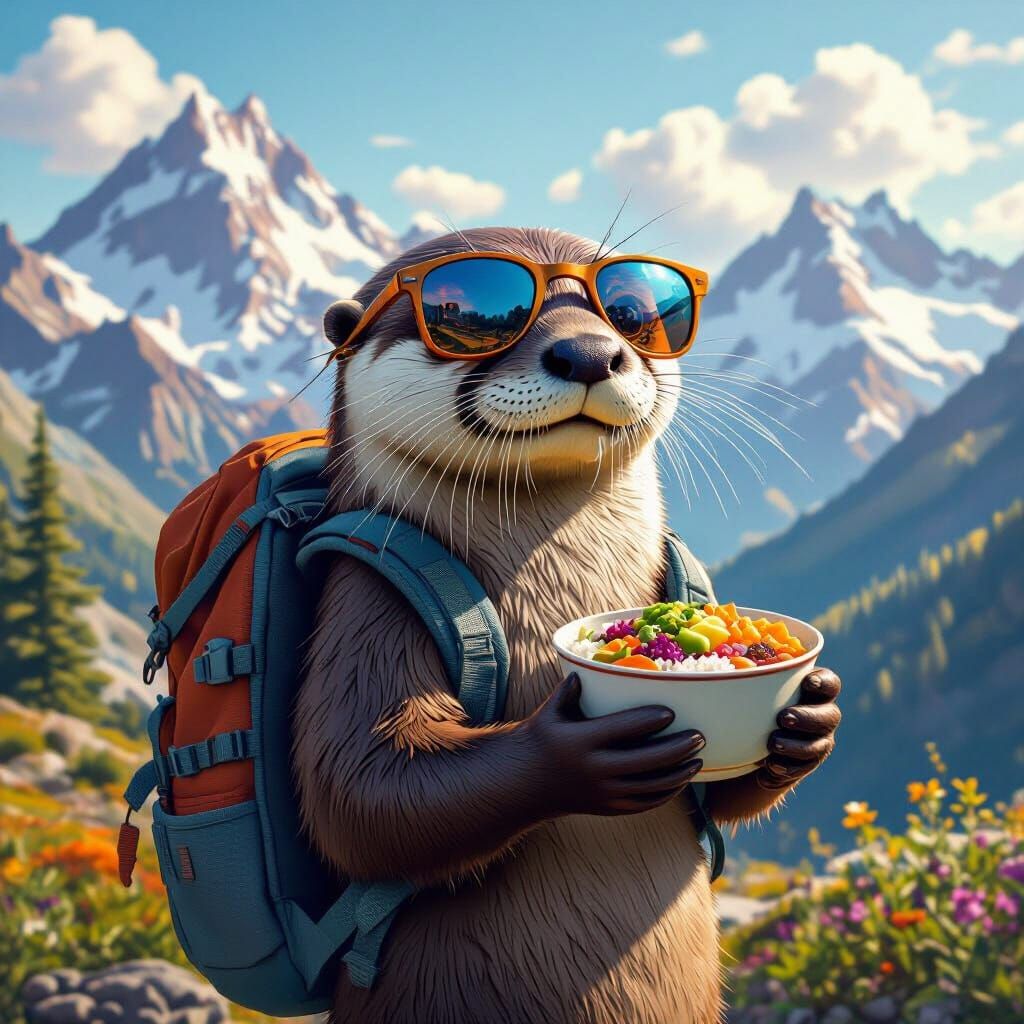 Playful Otter Hikes with Poke Bowl: Matte Painting