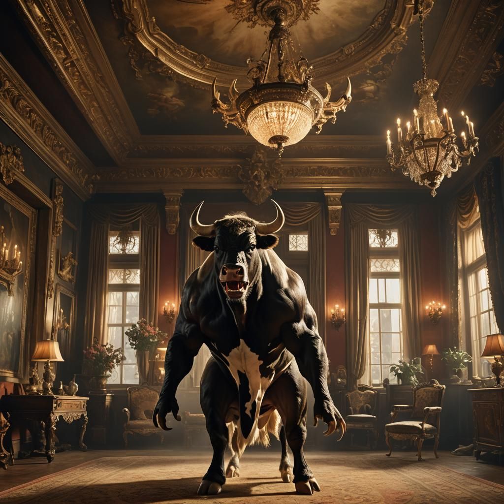 Furious Bull-Wrestler Shouts in Ornate Room