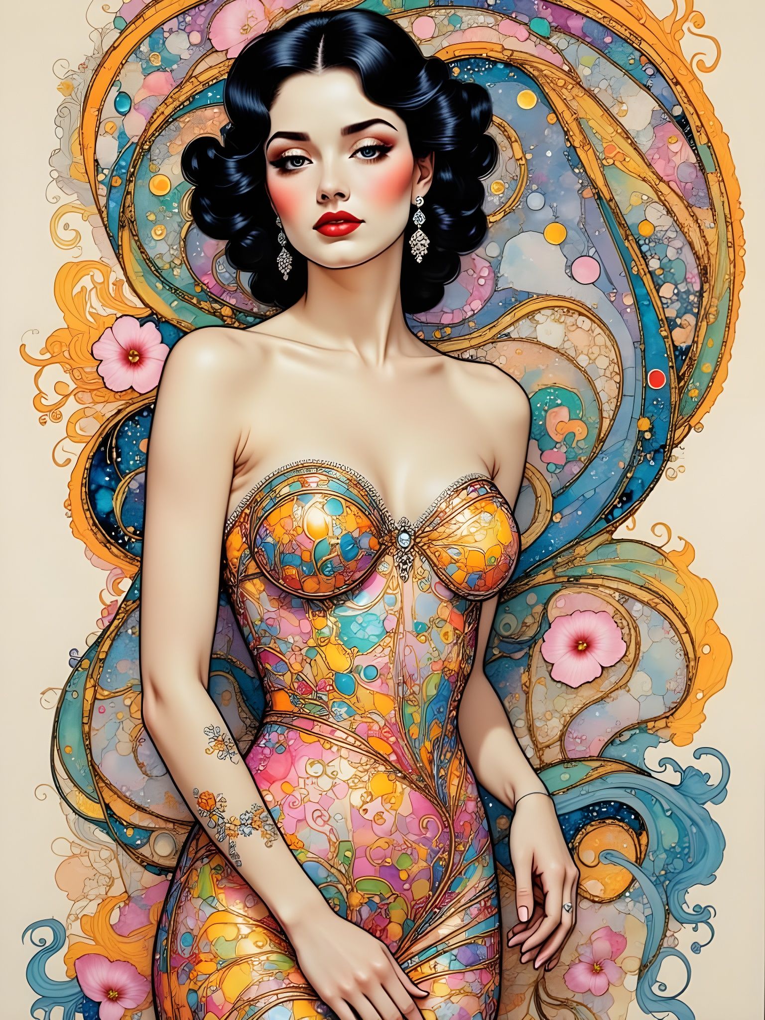 Elegant Dancer in Suminagashi Ink Style