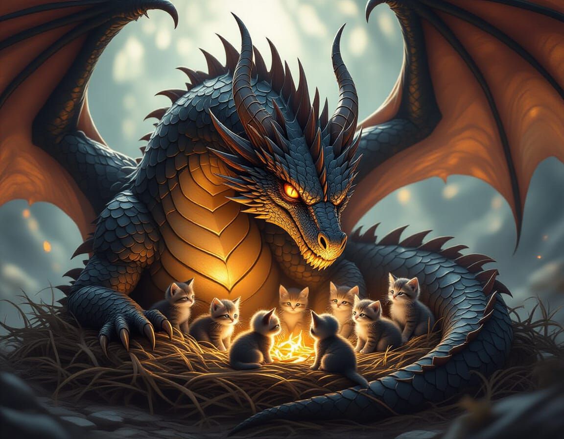 Dragon Protects Kittens: Epic Digital Painting