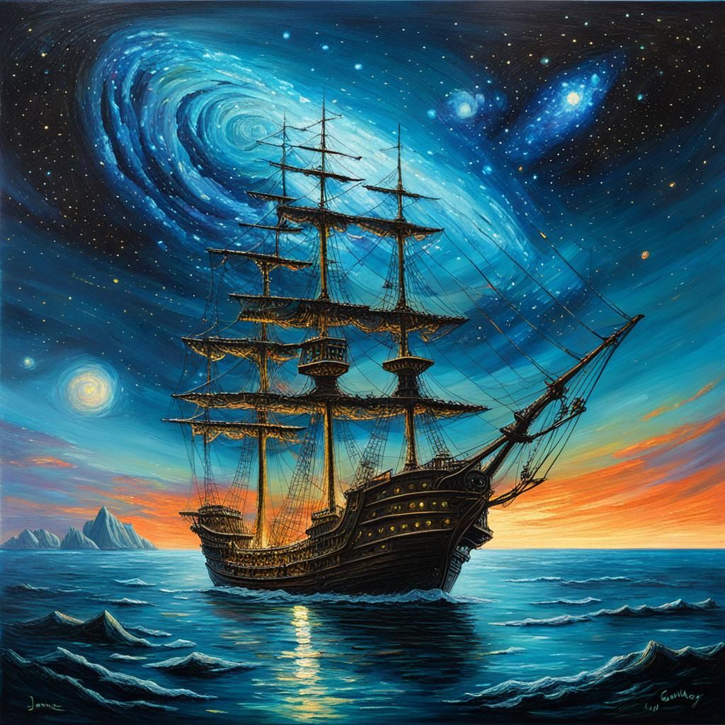Pirate Ship Sails Bioluminescent Galaxy: Oil Painting