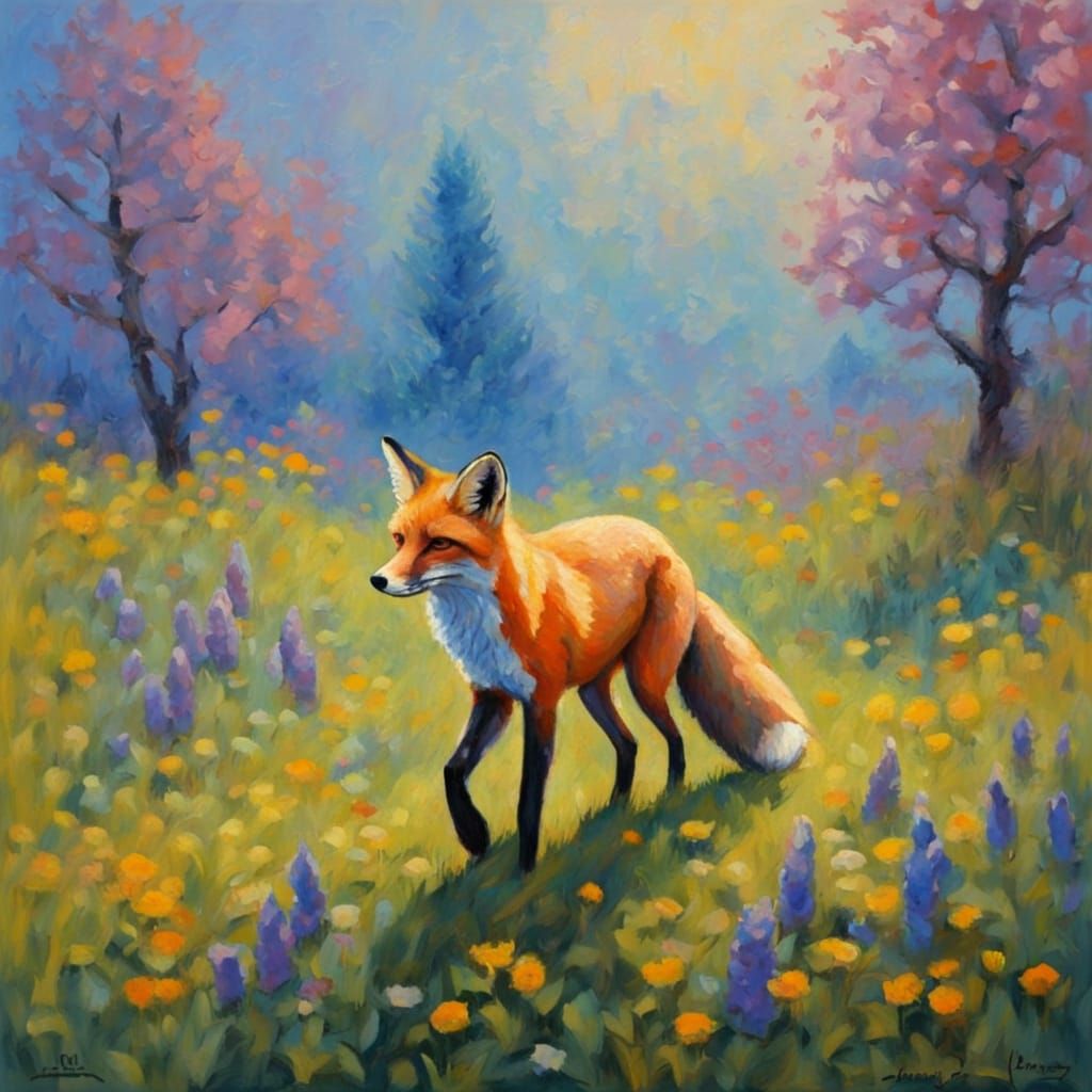 Joyful Fox Dancing in Sunny Wildflower Meadow