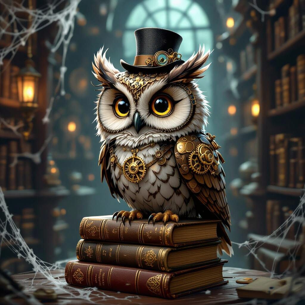 Steampunk Owl with Monocle on Antique Books