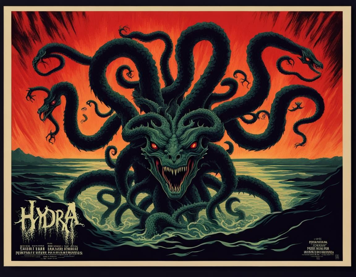 Seven-Headed Hydra in Horror Movie Poster Style