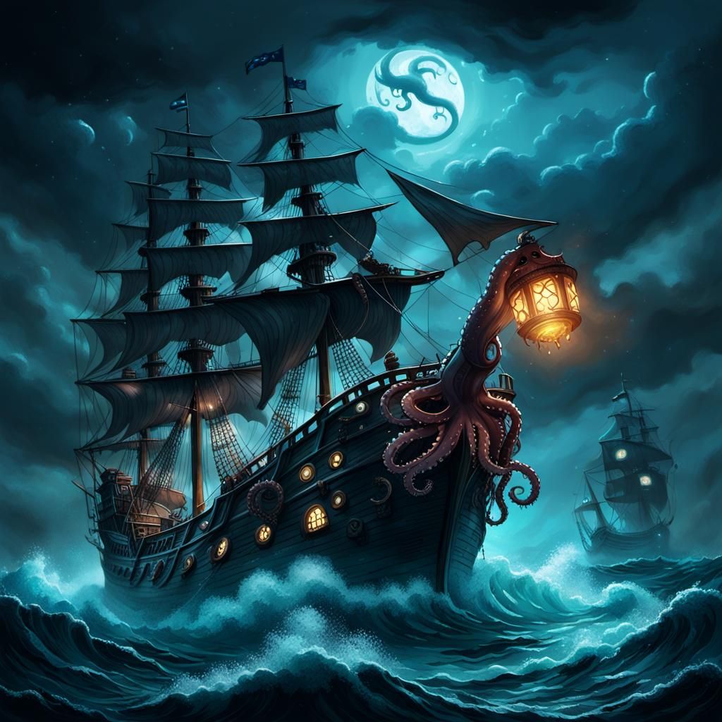 Dark Fantasy Illustration: Pirate Ship Battling a Massive Oc...
