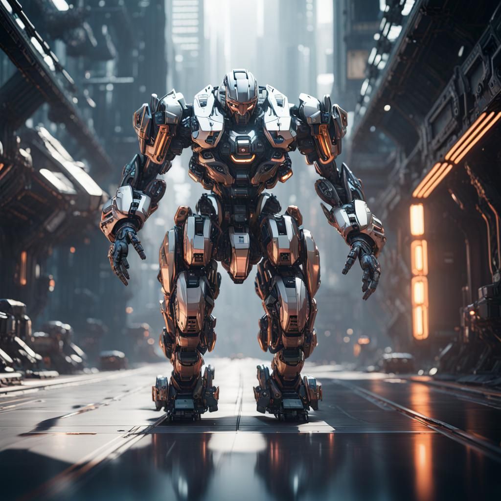 Man Driving Intricate Mech Suit in Futuristic City