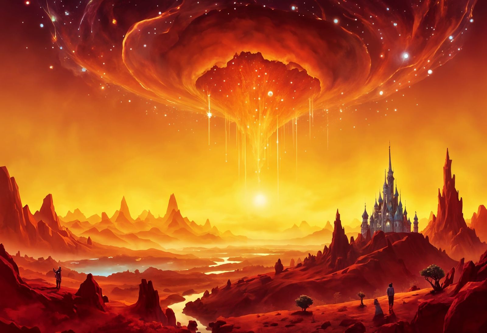 Magical Ethereal Landscape with Crystal Buildings and Nebula...