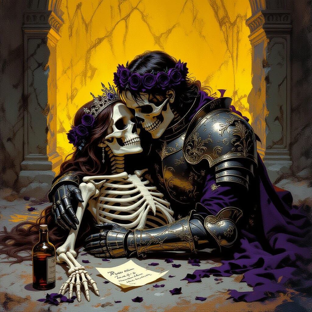 Skeletal Lovers Embrace in Crypt, Dark Fantasy Art