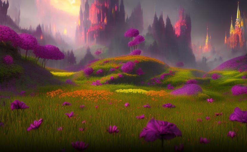 Field of Magic Flowers in Detailed Matte Painting