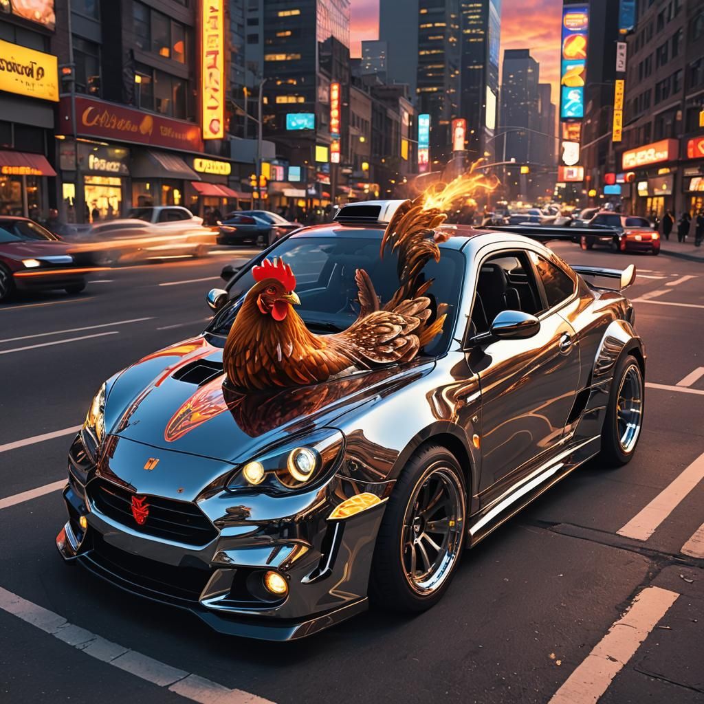 Chicken Driving Supercar in Neon Cityscape