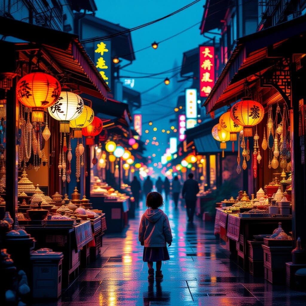 Child in Lantern-Lit Night Market, Art Nouveau & Expressioni...