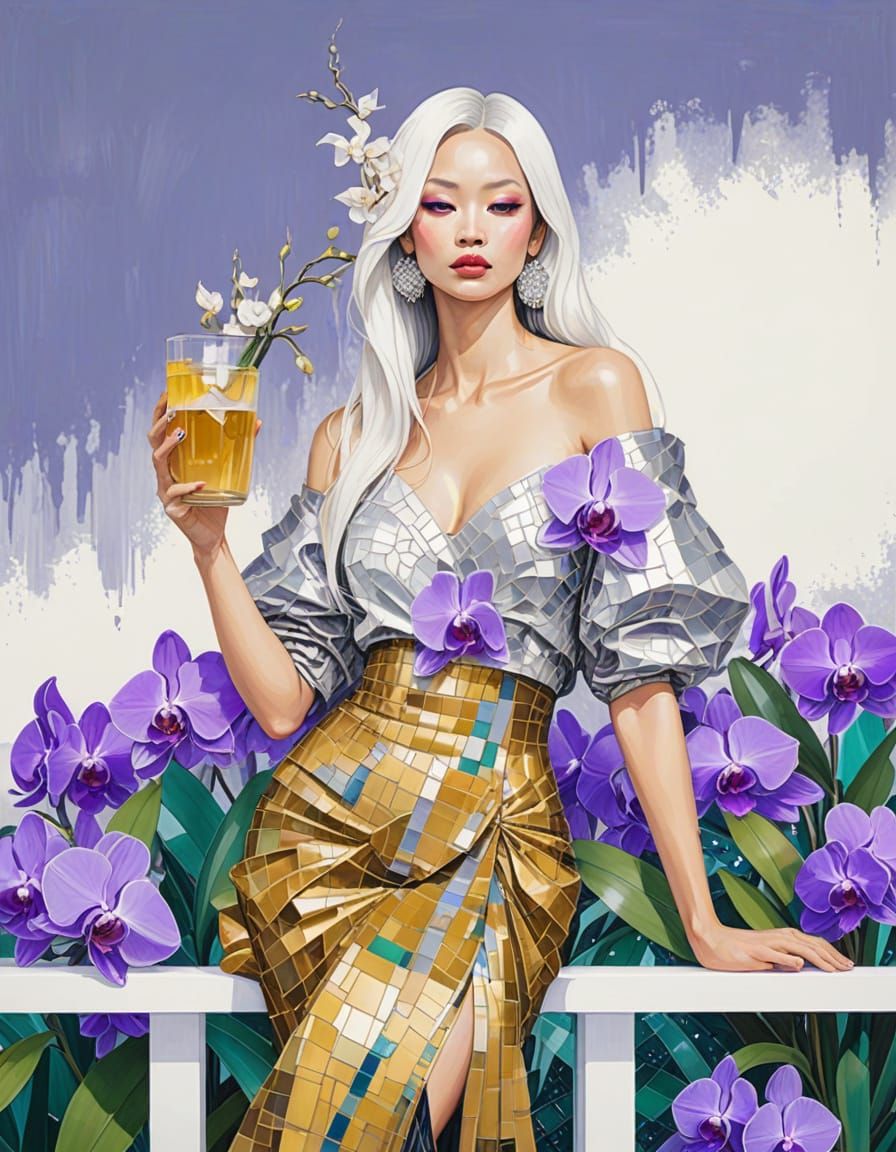 Cybernetic Woman with Orchids in Mosaic Style