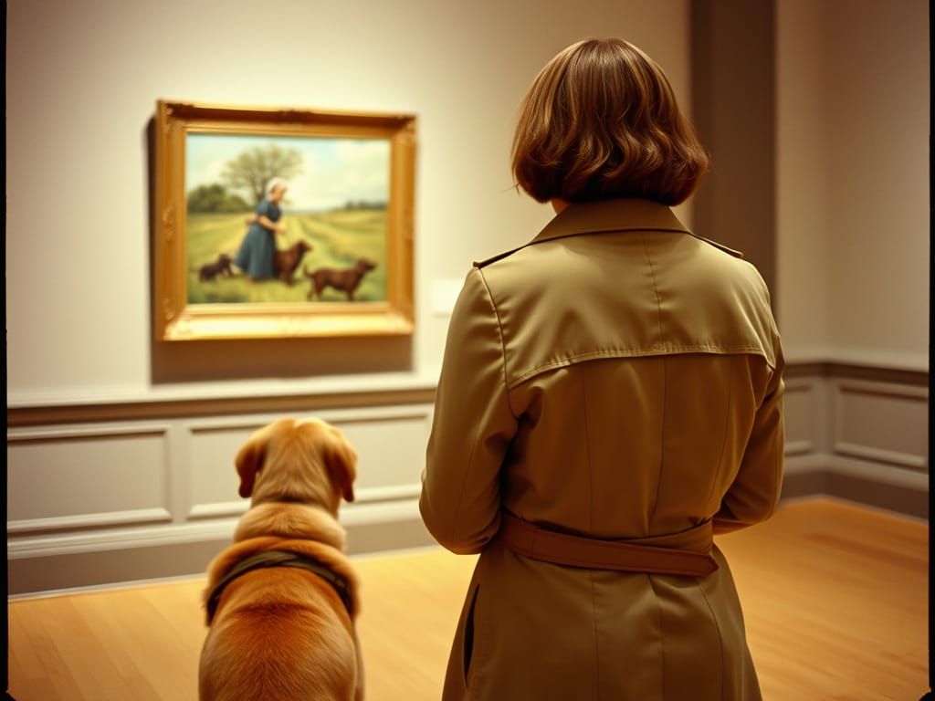 Woman and Dog Observe Impressionist Art in Gallery